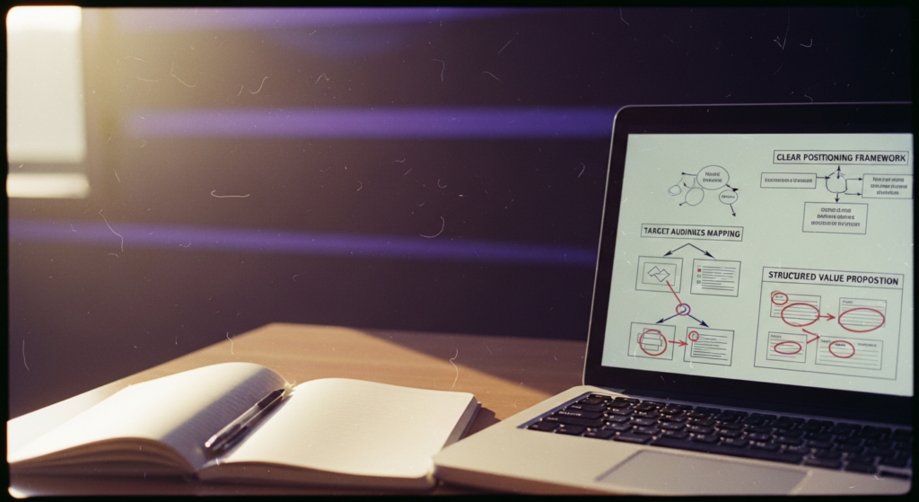 Darstellung einer klaren Marketing-Strategie und Positionierung mit Fokus auf Zielgruppe, Angebot und Differenzierung.